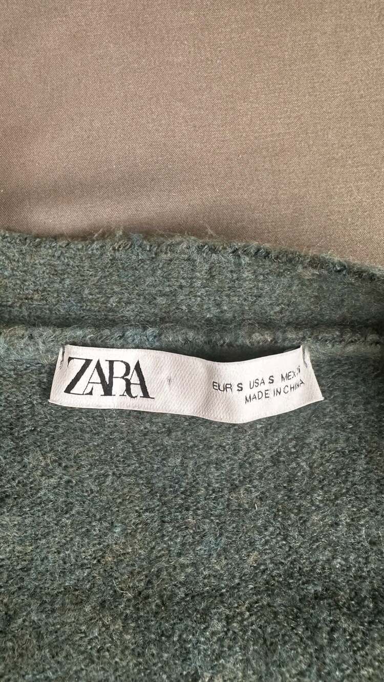 Zara Cardigan Size S Green Knit V-Neck Cropped Pocket - Picture 3 of 4